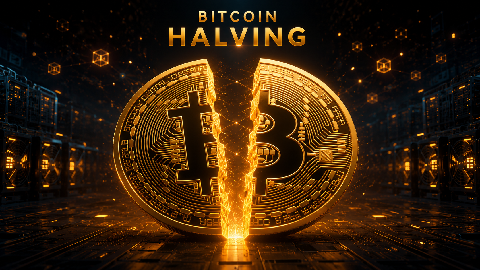 Moneda de Bitcoin partida a la mitad, ilustrando el concepto de Bitcoin halving