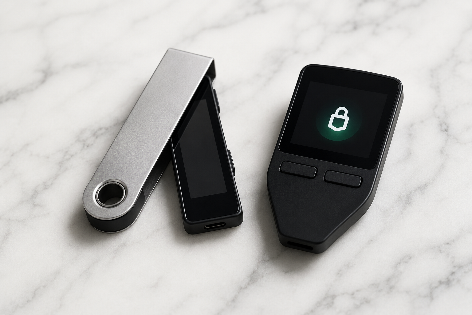 Wallets hardware de Bitcoin: Ledger Nano X y Trezor juntos sobre superficie blanca