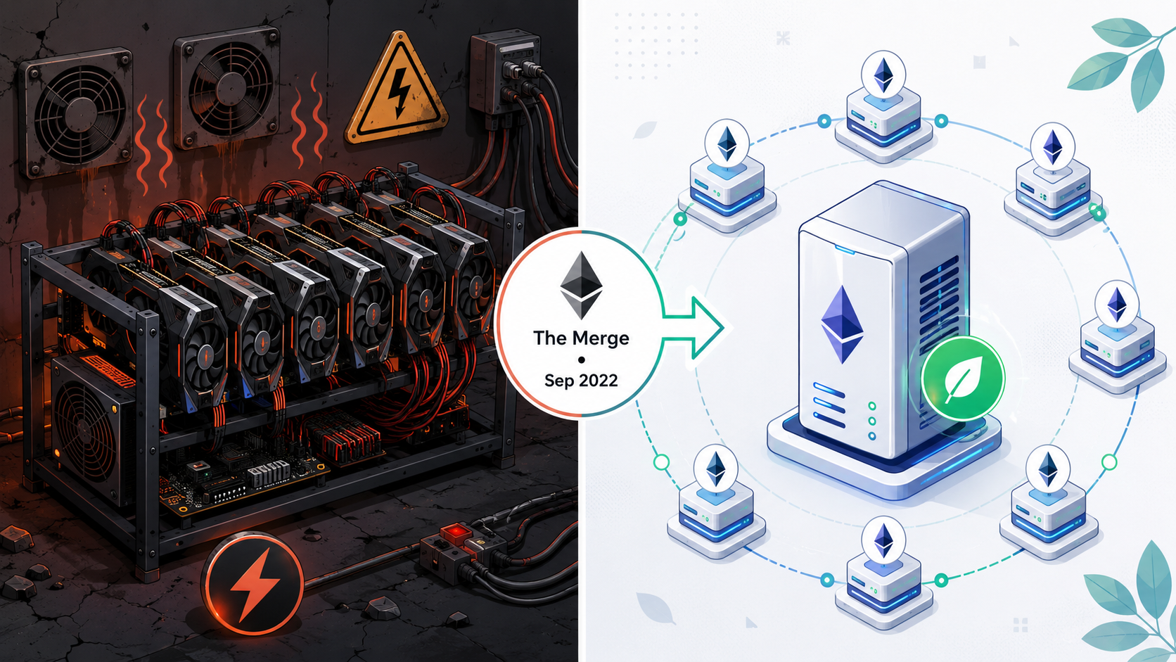 Comparación entre Proof of Work (minería GPU) y Proof of Stake (validadores) en Ethereum tras La Merge