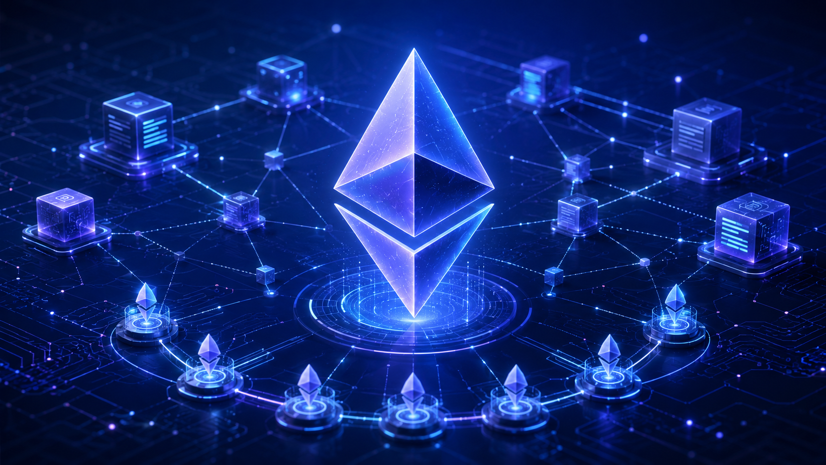 Símbolo de Ethereum en azul sobre fondo oscuro — guía completa qué es Ethereum 2026