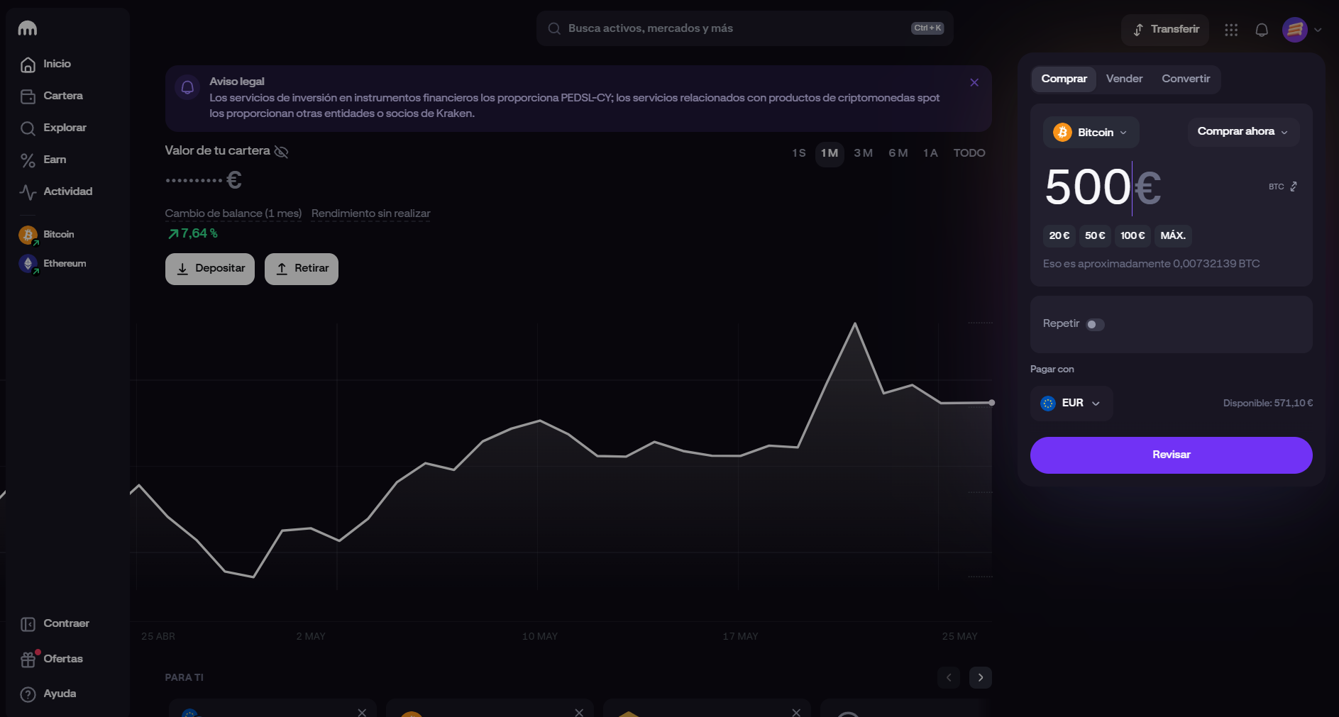 Pantalla de compra de Bitcoin en Kraken: selección de importe en euros y confirmación de orden