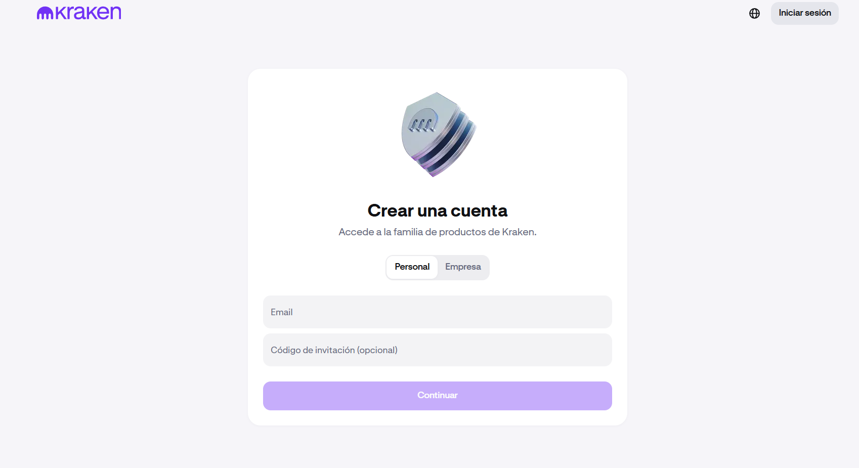 Pantalla de registro en Kraken: formulario de creación de cuenta con email y contraseña