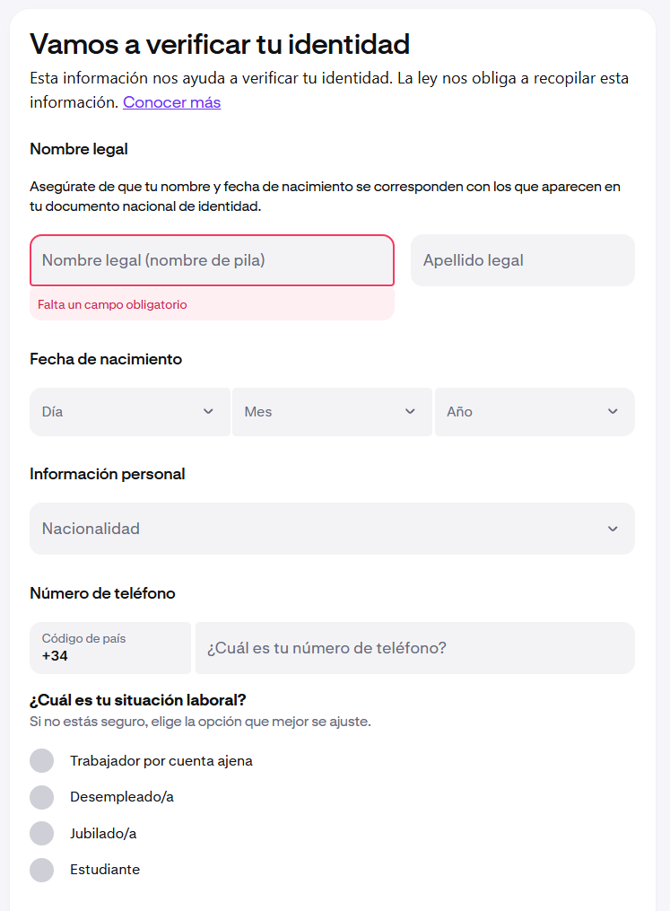 Formulario de información de identidad en Kraken: datos personales para completar la verificación KYC