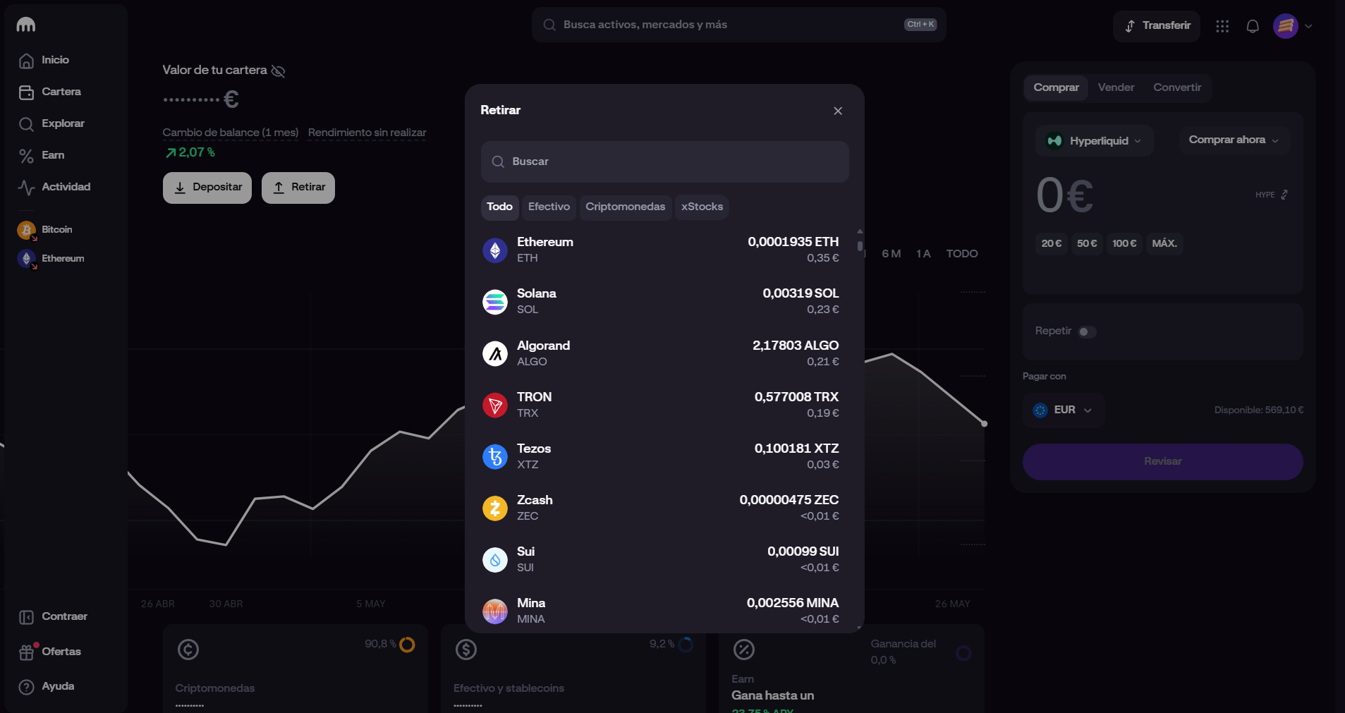 Pantalla de retirada de Bitcoin en Kraken: formulario con dirección de wallet de destino