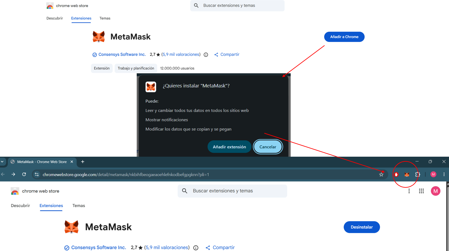 Descarga MetaMask desde la página oficial y añádela a Chrome desde la Chrome Web Store