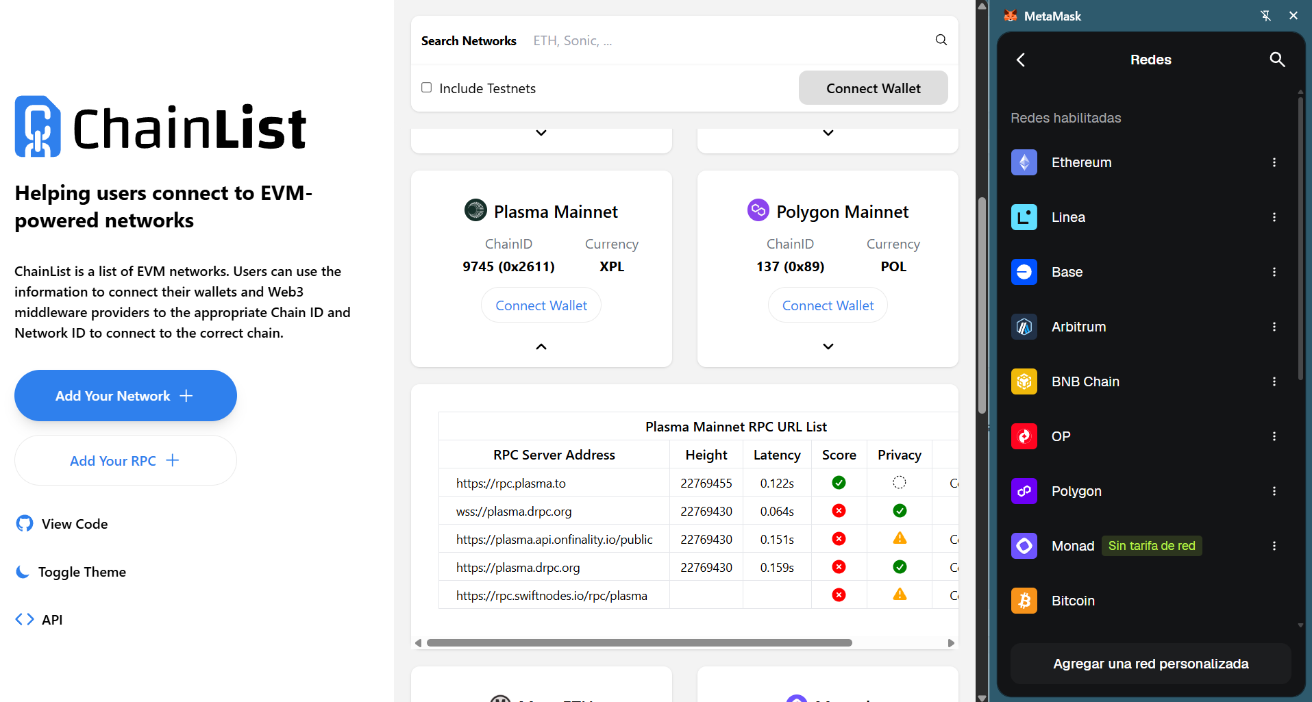 Chainlist.org con las redes Layer 2 y el botón Add to MetaMask, junto a la cartera MetaMask abierta para agregar red personalizada