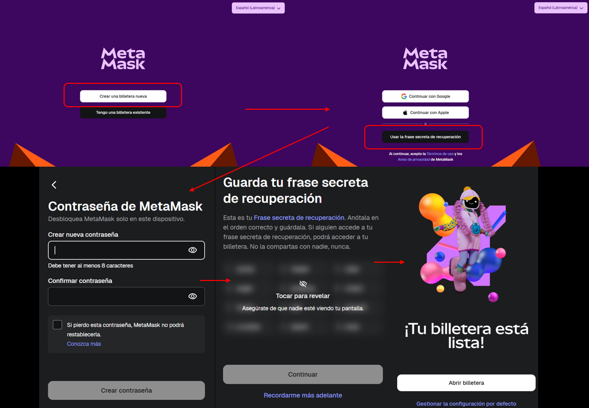 Proceso de creación de wallet en MetaMask: pantalla de crear billetera nueva y guardar la frase semilla
