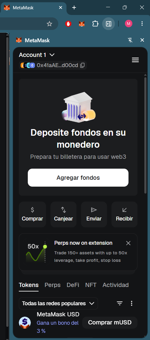 Interfaz principal de MetaMask: saldo ETH, botones Enviar y Recibir, y selector de red