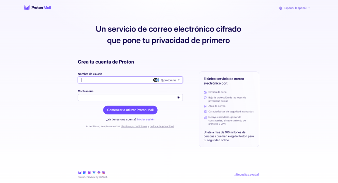 Pantalla de creación de cuenta en Proton Mail: elegir nombre de usuario y contraseña