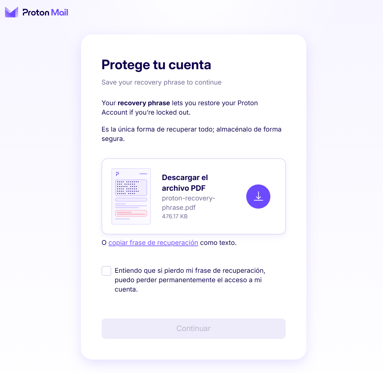 Proton Mail: pantalla para descargar el PDF con la frase de recuperación de la cuenta