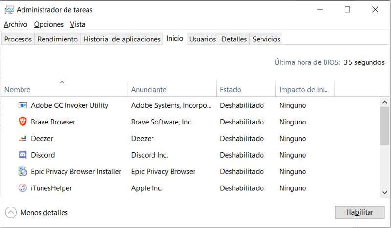 Administrador de tareas de Windows mostrando programas de inicio