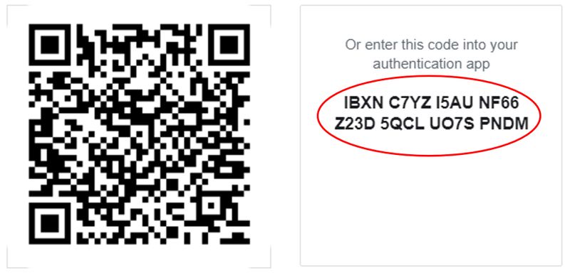 Ejemplo de código de recuperación en configuración de 2FA